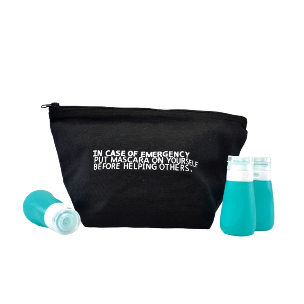 Chic Funny Makeup Bag Set Mascara Emergency w Travel Bottles Black Canvas NEW